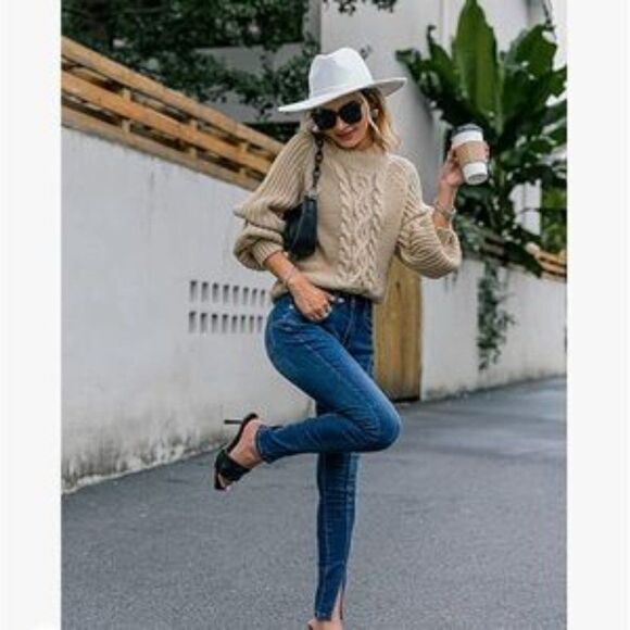 New Khaki Mock Neck Cable Knit Chunky Sweater - Picture 3 of 6